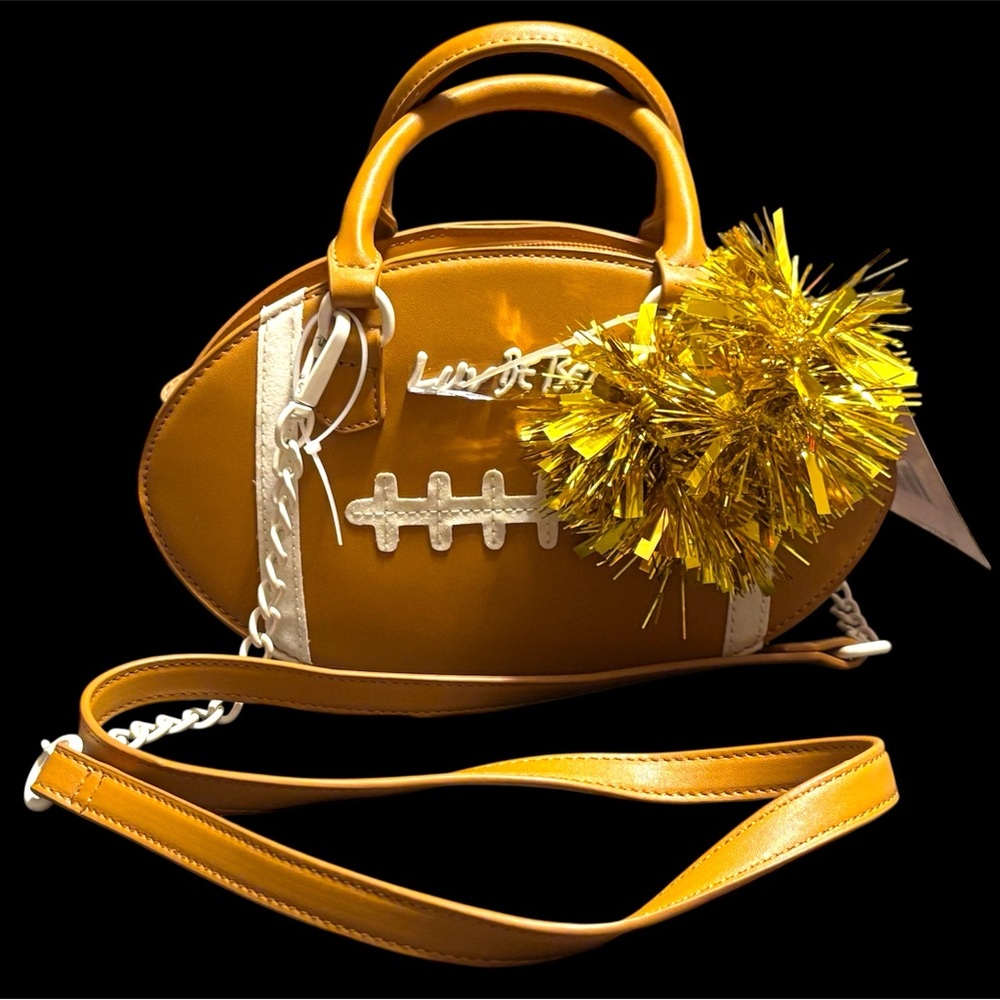 NWT•Betsey Johnson Football Crossbody w/handles & gold Pom-poms